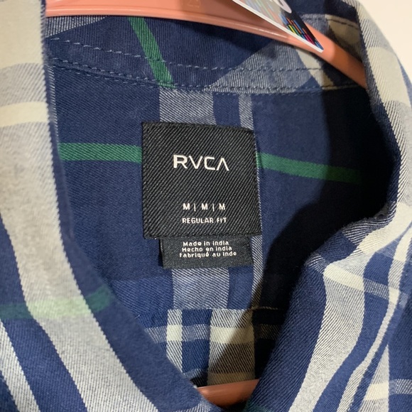 RVCA Regular Fit Short Sleeve Plaid Navy White Green Medium - Picture 3 of 3